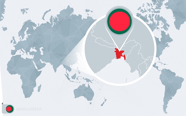 Pacific Centered World map with magnified Bangladesh. Flag and map of Bangladesh on Asia in Center World Map.